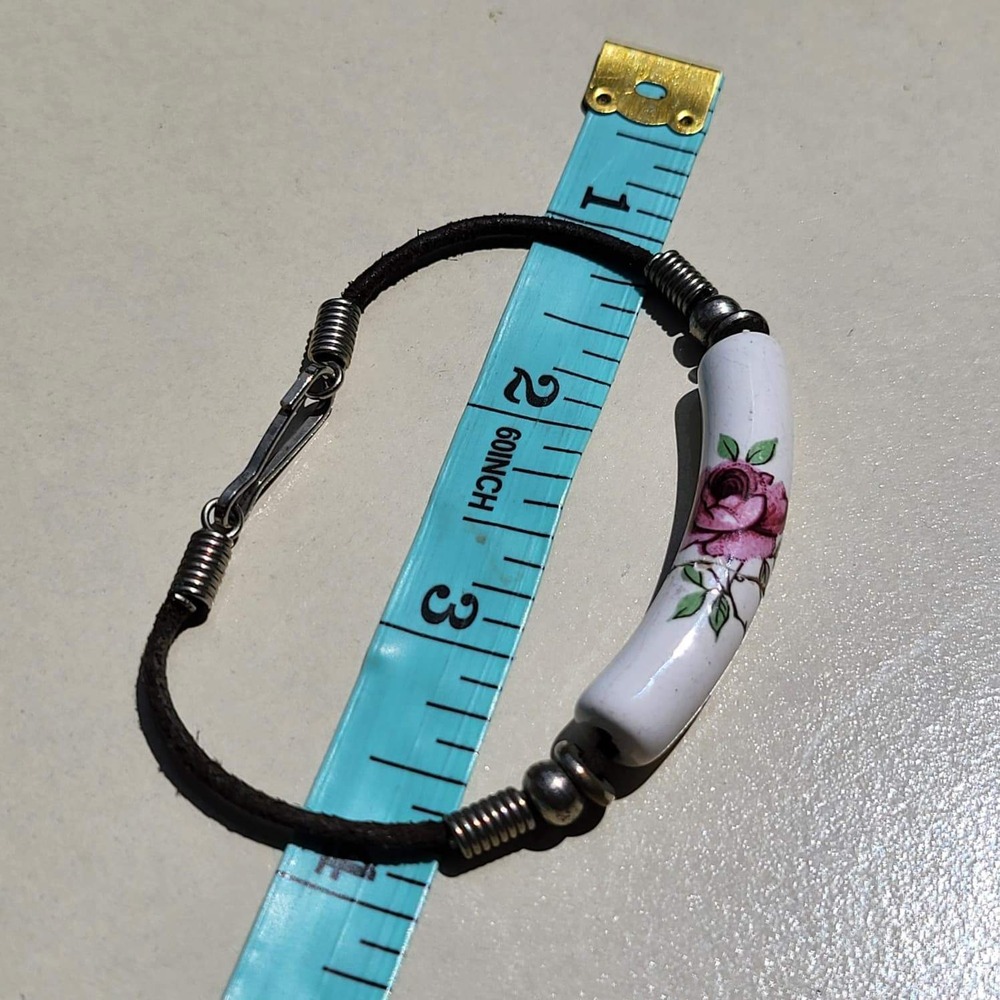 Vintage Leather Porcelain Rose Tube Bead Bracelet Brown Pink Floral Boho - Picture 4 of 6